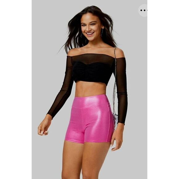 NWT SOFTLYZERO FAUX LEATHER HIGH WAISTED METALLIC FOIL PRINT STRETCHY CASUAL BIK - Picture 2 of 7